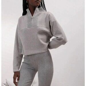 LUNYA XS Mellow Grey Heather Cotton Silk Blend Humble Brown Quarter-Zip Sweater